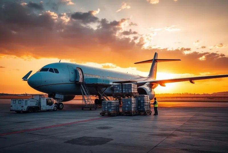 Chargement de fret dans un avion GOMAIR au coucher du soleil